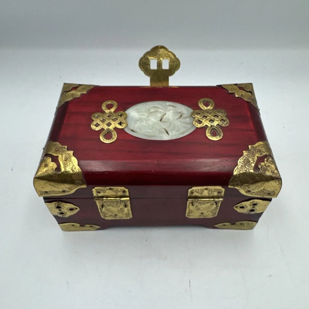 Vintage Chinese Rosewood Jewelry Box Jade Inlay Brass & Silk Accents